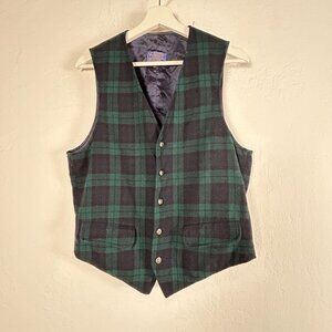 Pendleton Mens Virgin Wool Plaid Vest Green Black Button Front V-Neck Casual